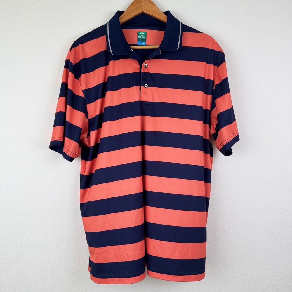Pro Tour Polo Shirt Mens XL Pink Blue Excellent Coolplay Striped Golf Casual